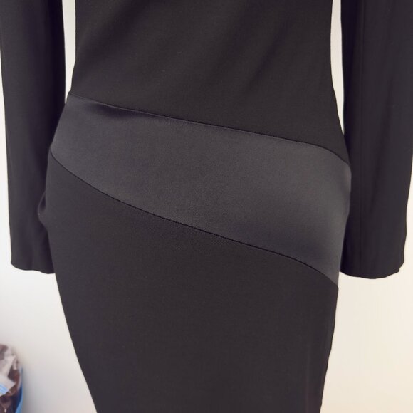 VANESSA BRUNO Draped Sheath Satin Band Long Sleeve Boat Neck Black Midi Dress 38 - Picture 4 of 11